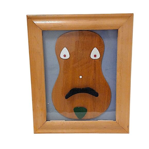 Art 3D Wood Guitar Mustache Man Signed Artist Wooden Frame Wall Hang Whimsical - Picture 1 of 6